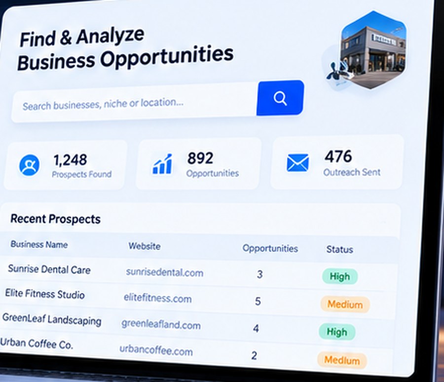 AIProspectGenie dashboard example showing a business search box, summary counts and a list of recent prospects with opportunity ratings