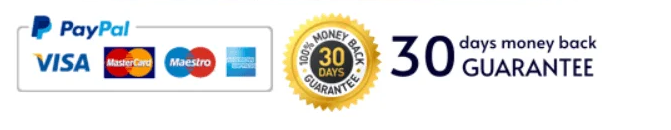 Accepted payment logos: PayPal, Visa, Mastercard, Maestro and American Express, with a 30-day money-back guarantee seal